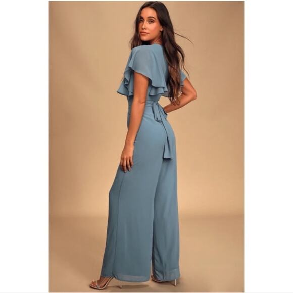 Lulu’s | Bow For Love Flutter Sleeve Jumpsuit Slate Blue XS - Picture 2 of 7
